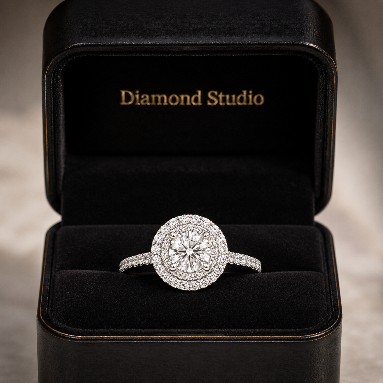 1.82 CT Round Brilliant Lab-Grown Diamond Double Halo Engagement Ring in 14K White Gold – Diamond Shank Design