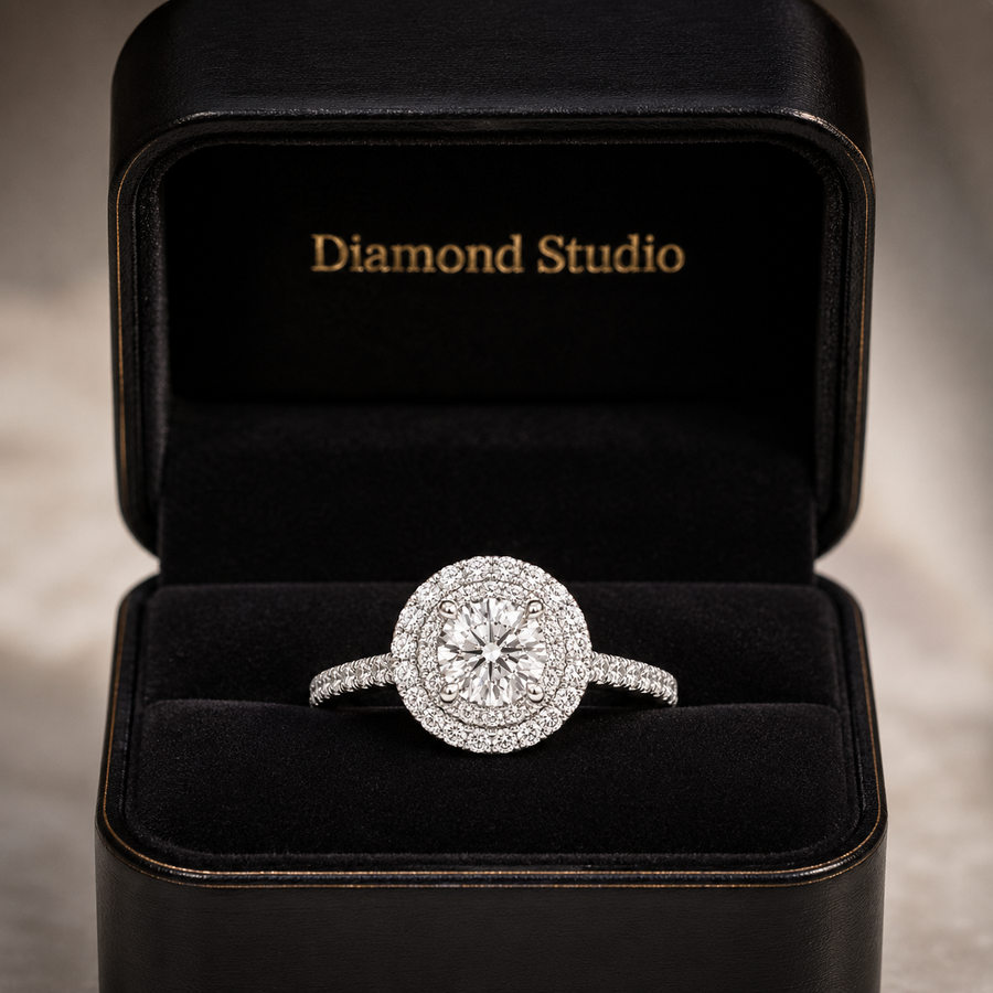 1.82 CT Round Brilliant Lab-Grown Diamond Double Halo Engagement Ring in 14K White Gold – Diamond Shank Design