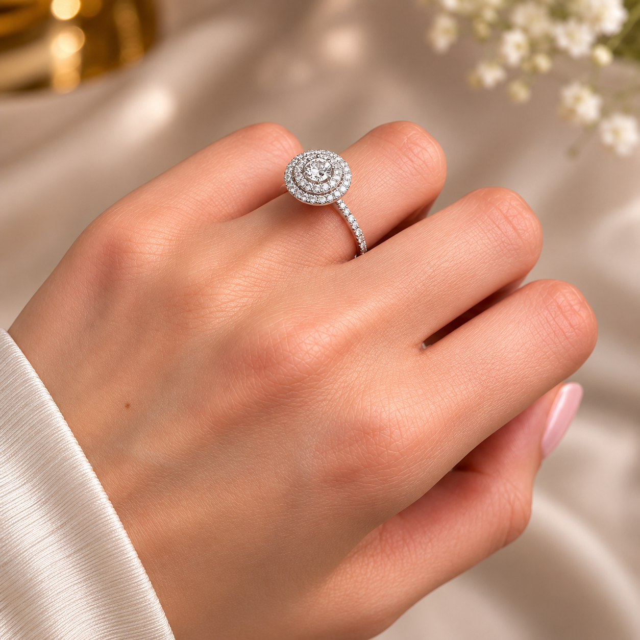 1.82 CT Round Brilliant Lab-Grown Diamond Double Halo Engagement Ring in 14K White Gold – Diamond Shank Design