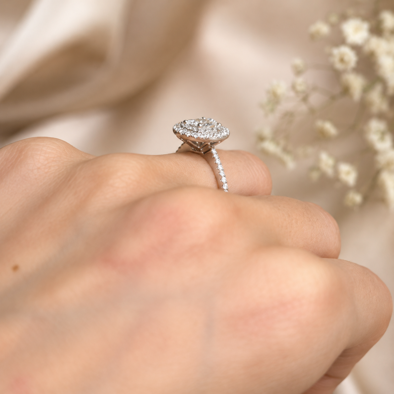 1.82 CT Round Brilliant Lab-Grown Diamond Double Halo Engagement Ring in 14K White Gold – Diamond Shank Design