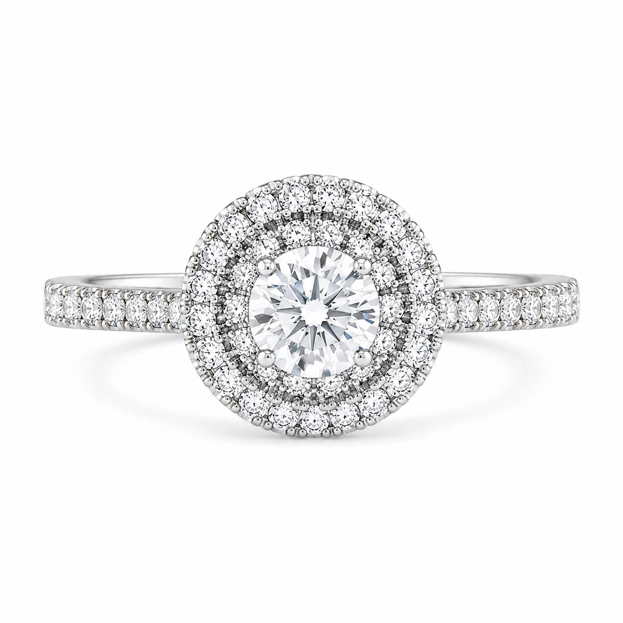 2.00 CT Round Brilliant Cut Lab-Grown Diamond Double Halo Engagement Ring in 14K White Gold – Accent Set Proposal Design