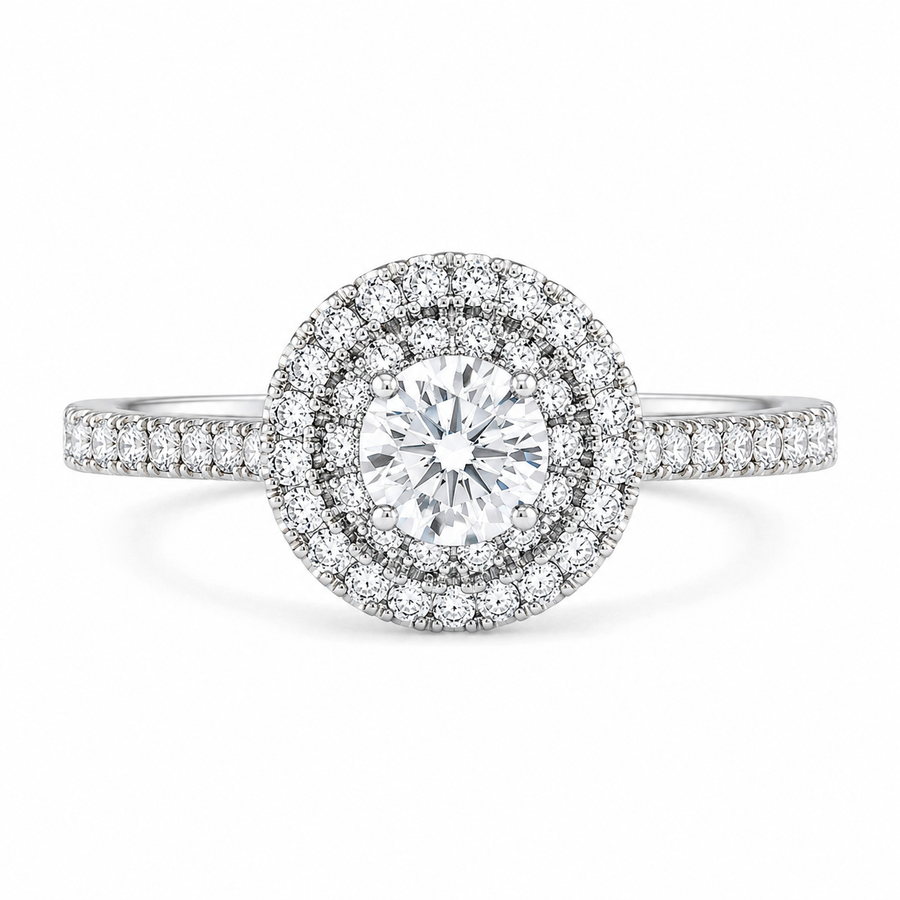 2.00 CT Round Brilliant Cut Lab-Grown Diamond Double Halo Engagement Ring in 14K White Gold – Accent Set Proposal Design
