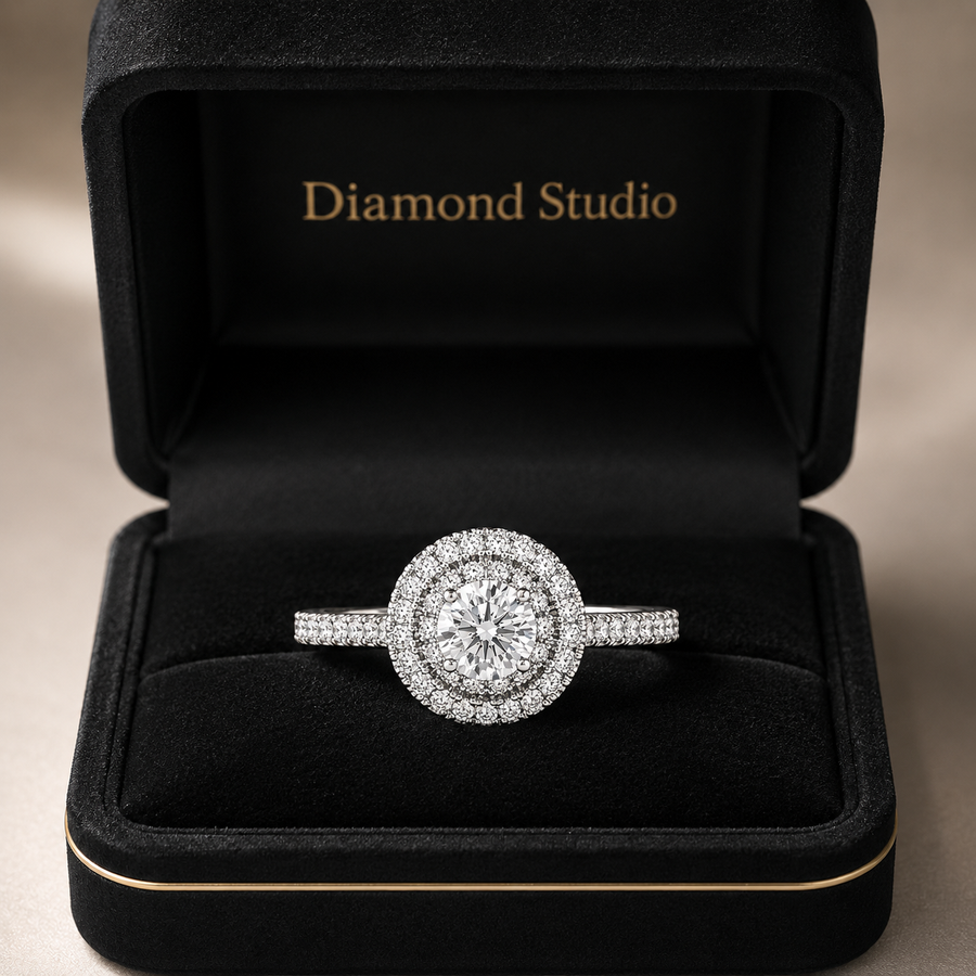 2.00 CT Round Brilliant Cut Lab-Grown Diamond Double Halo Engagement Ring in 14K White Gold – Accent Set Proposal Design