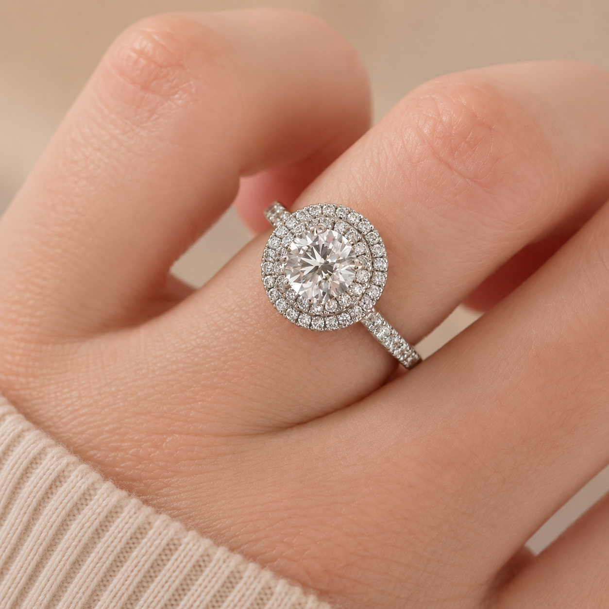 2.00 CT Round Brilliant Cut Lab-Grown Diamond Double Halo Engagement Ring in 14K White Gold – Accent Set Proposal Design