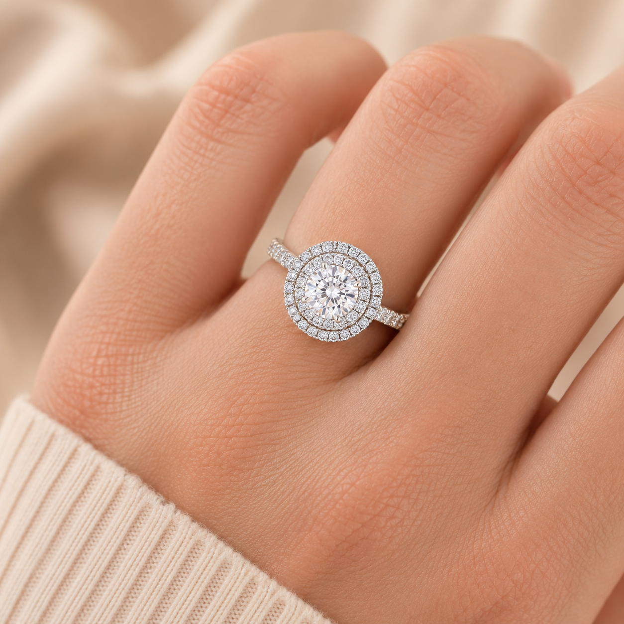 2.00 CT Round Brilliant Cut Lab-Grown Diamond Double Halo Engagement Ring in 14K White Gold – Accent Set Proposal Design