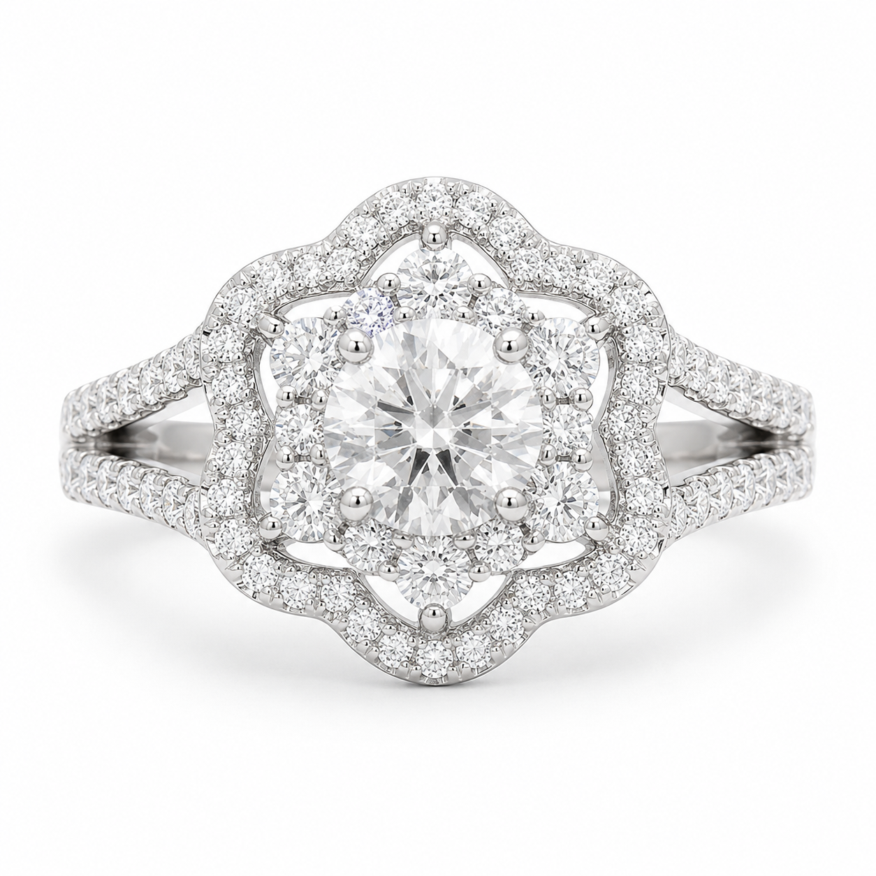 1.00 CT Round Cut Lab-Grown Diamond Double Halo Engagement Ring in 14K White Gold – Vintage Floral Split Shank Design