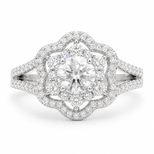 1.00 CT Round Cut Lab-Grown Diamond Double Halo Engagement Ring in 14K White Gold – Vintage Floral Split Shank Design