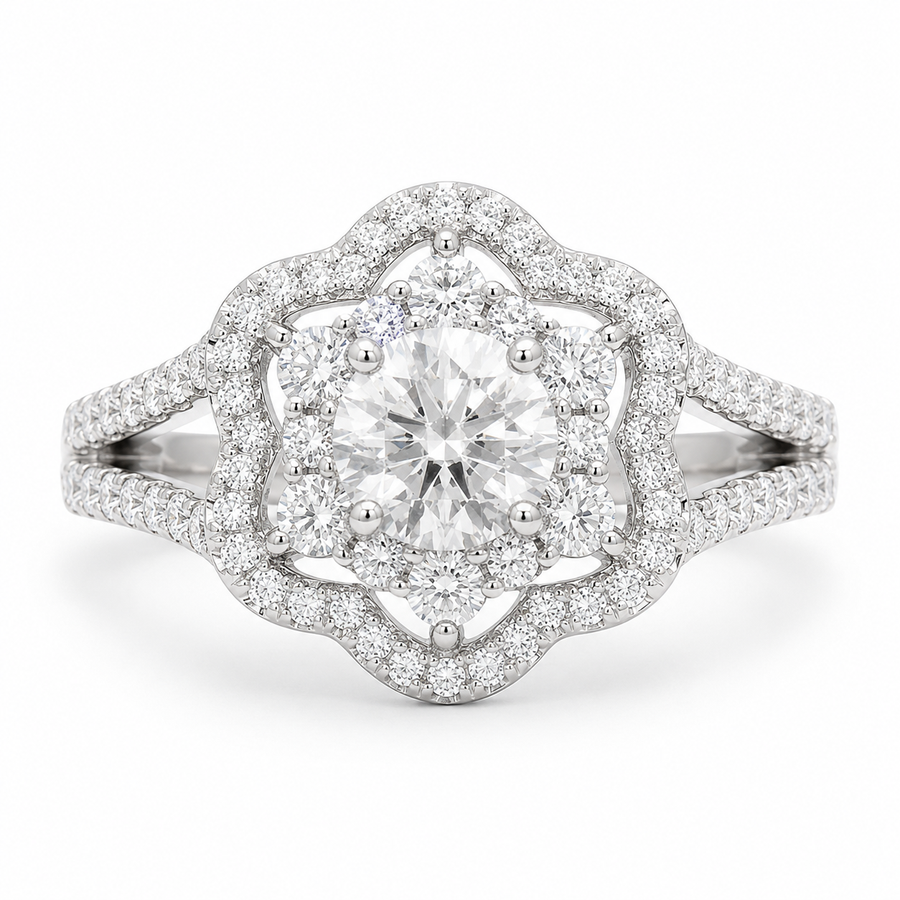 1.00 CT Round Cut Lab-Grown Diamond Double Halo Engagement Ring in 14K White Gold – Vintage Floral Split Shank Design
