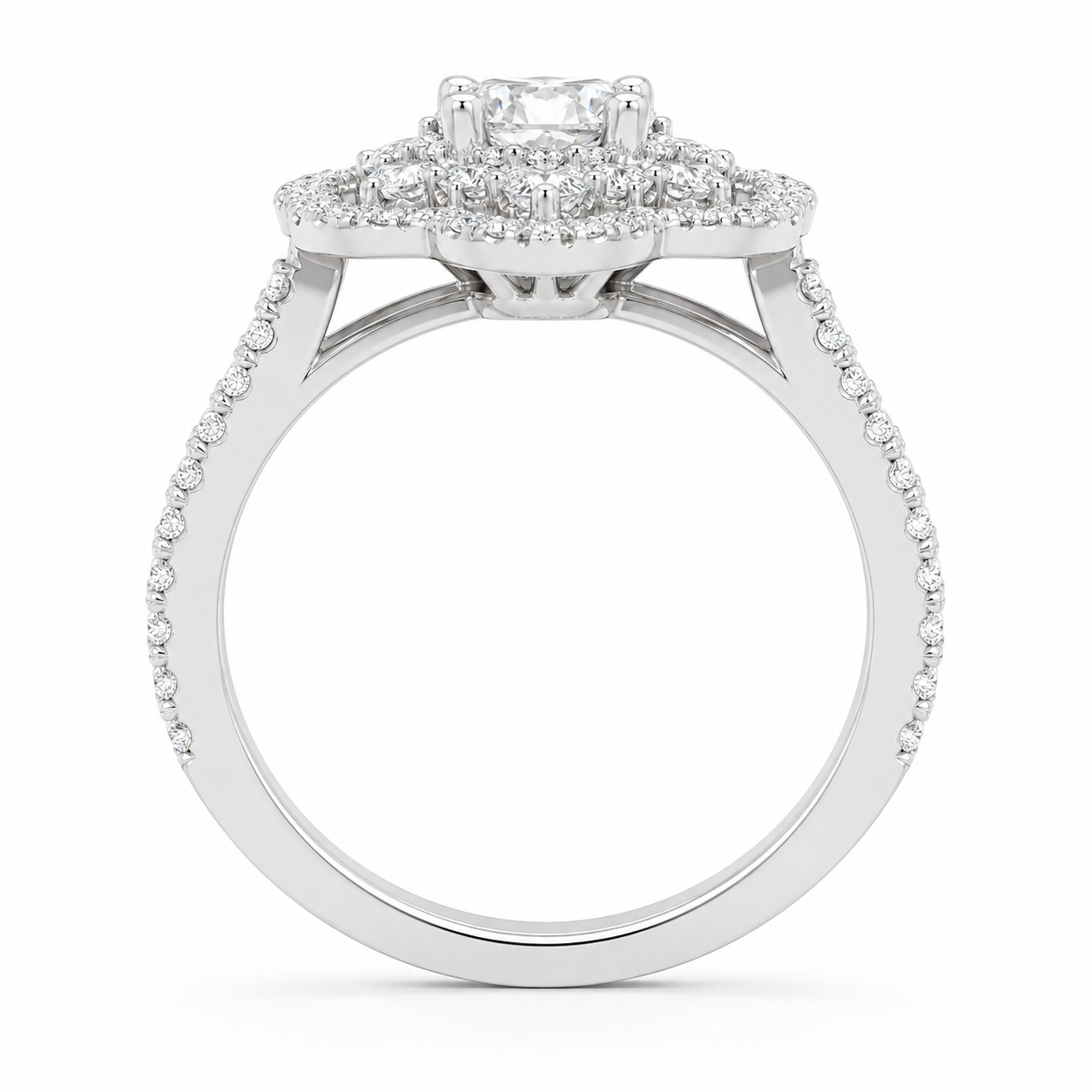 1.00 CT Round Cut Lab-Grown Diamond Double Halo Engagement Ring in 14K White Gold – Vintage Floral Split Shank Design