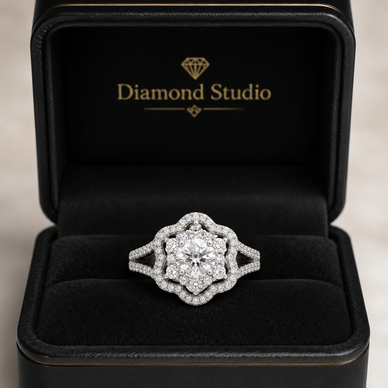 1.00 CT Round Cut Lab-Grown Diamond Double Halo Engagement Ring in 14K White Gold – Vintage Floral Split Shank Design