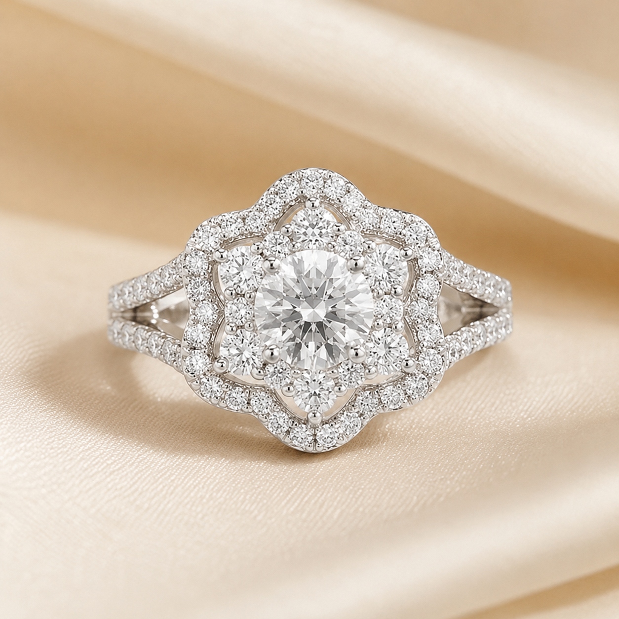 1.00 CT Round Cut Lab-Grown Diamond Double Halo Engagement Ring in 14K White Gold – Vintage Floral Split Shank Design