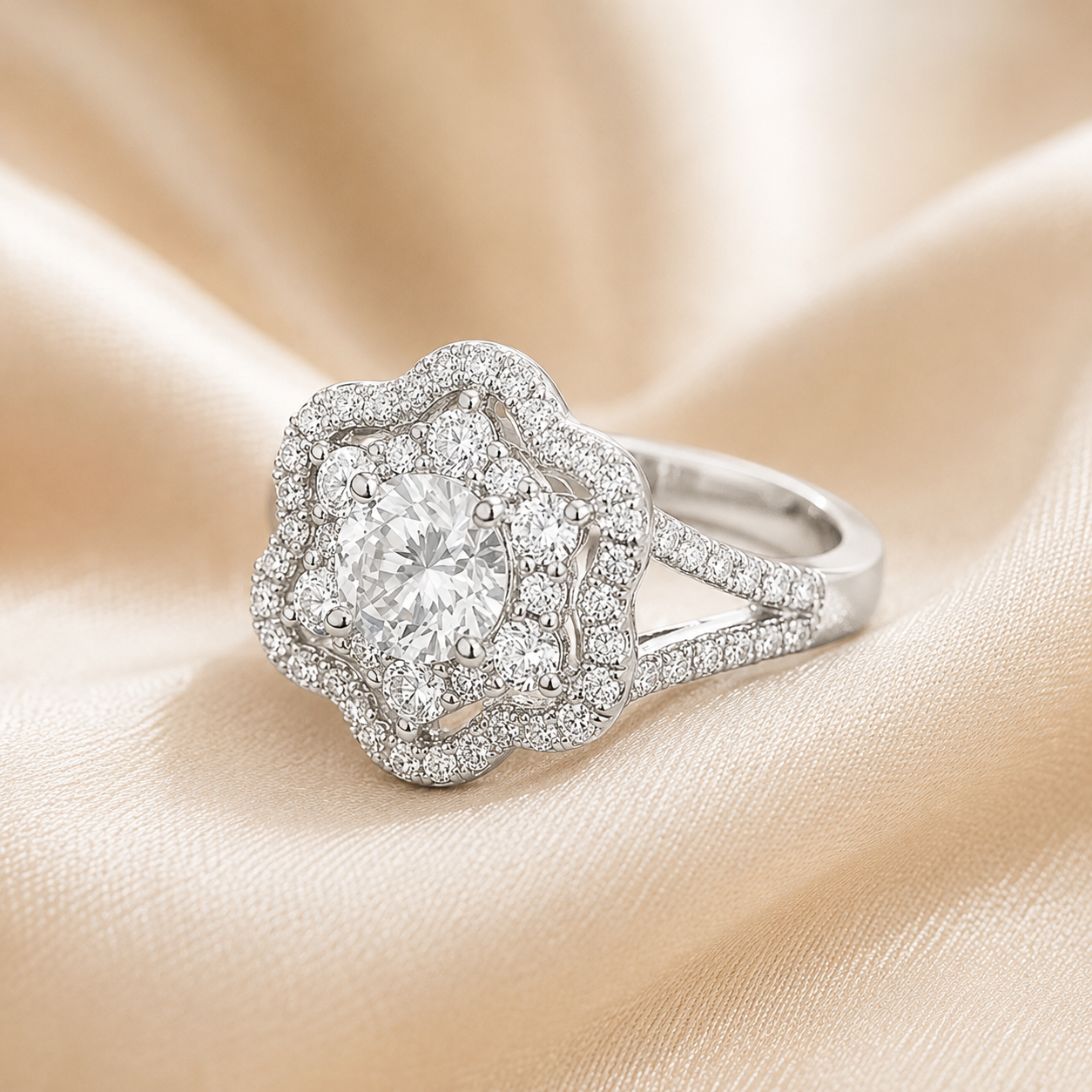 1.00 CT Round Cut Lab-Grown Diamond Double Halo Engagement Ring in 14K White Gold – Vintage Floral Split Shank Design
