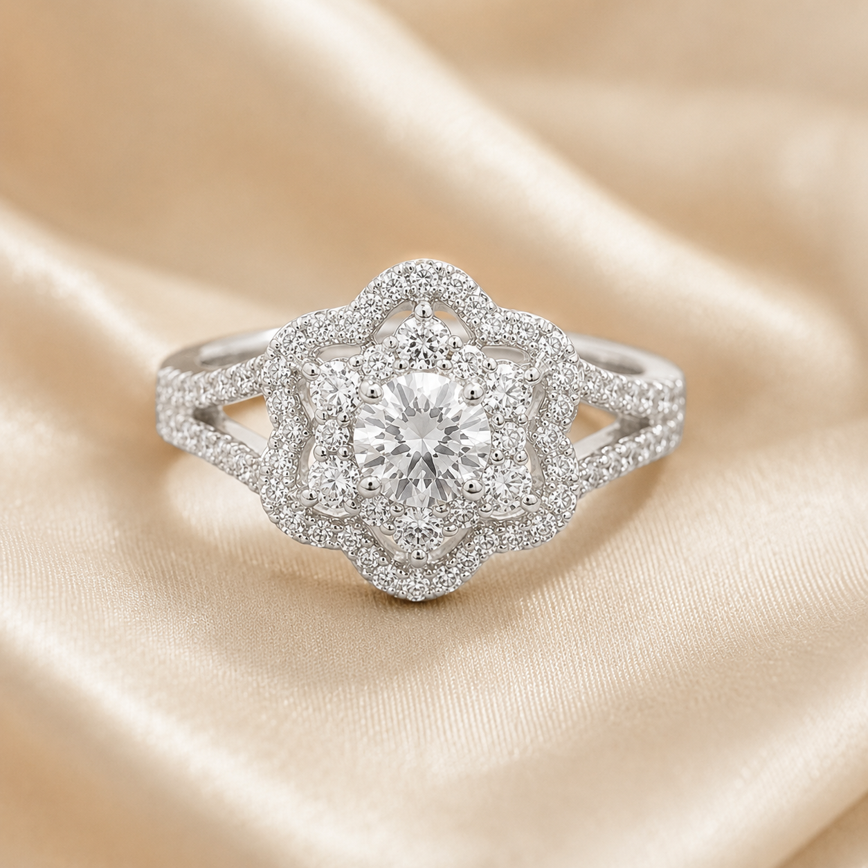 1.00 CT Round Cut Lab-Grown Diamond Double Halo Engagement Ring in 14K White Gold – Vintage Floral Split Shank Design