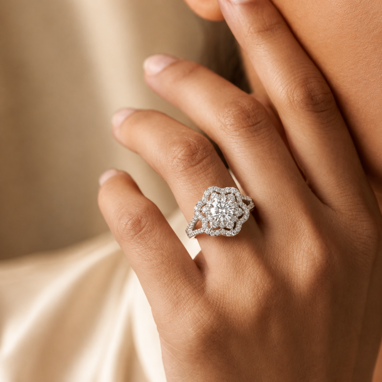 1.00 CT Round Cut Lab-Grown Diamond Double Halo Engagement Ring in 14K White Gold – Vintage Floral Split Shank Design