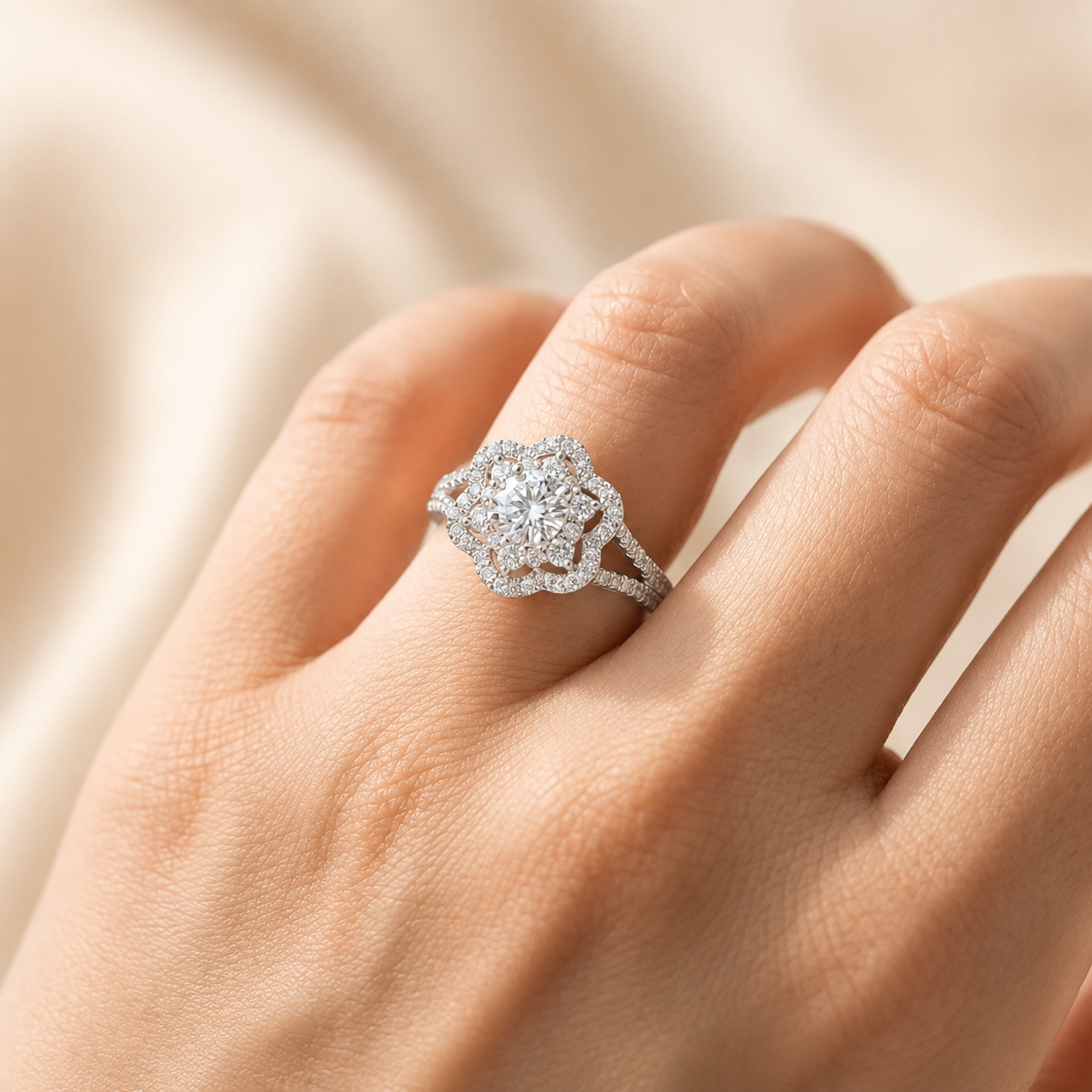 1.00 CT Round Cut Lab-Grown Diamond Double Halo Engagement Ring in 14K White Gold – Vintage Floral Split Shank Design