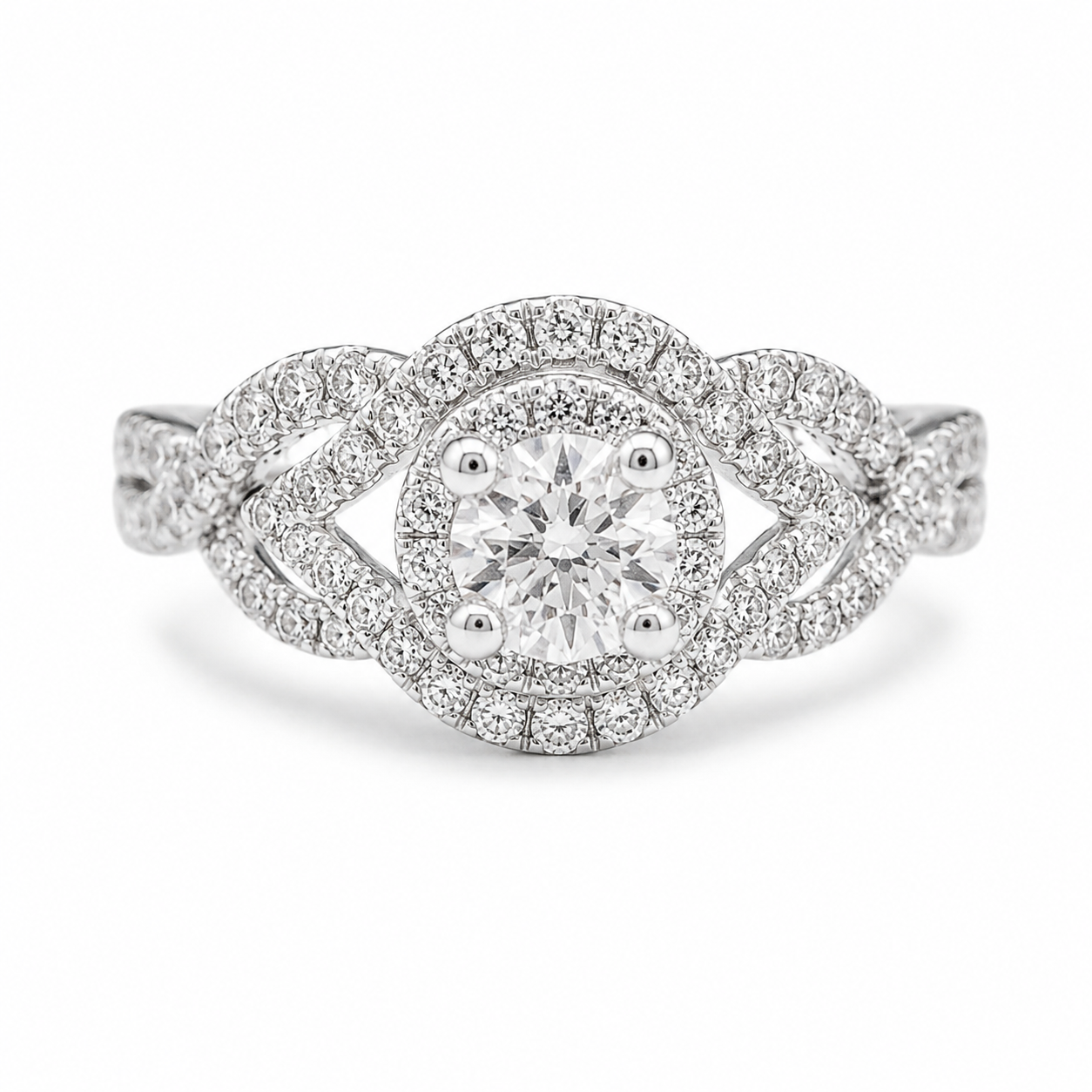 2.00 CT Round Lab-Grown Diamond Double Halo Engagement Ring in 14K White Gold – Twisted Bridal Design