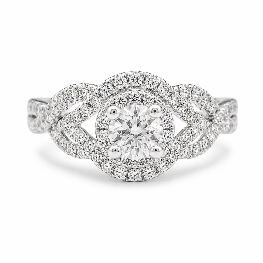 2.00 CT Round Lab-Grown Diamond Double Halo Engagement Ring in 14K White Gold – Twisted Bridal Design