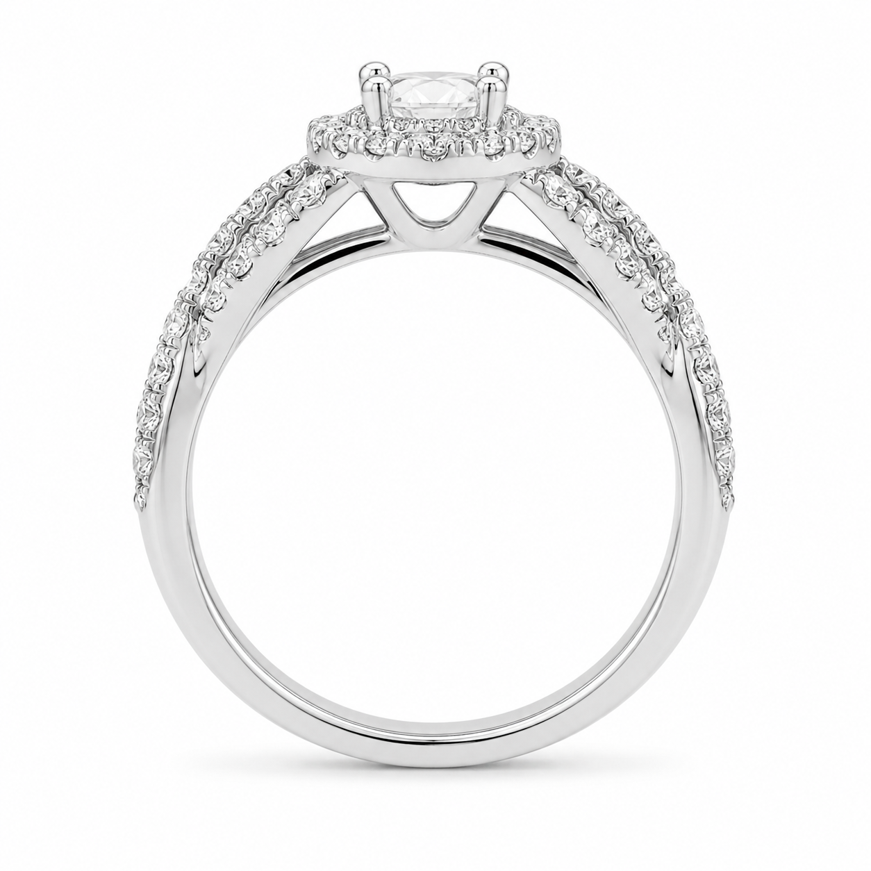 2.00 CT Round Lab-Grown Diamond Double Halo Engagement Ring in 14K White Gold – Twisted Bridal Design