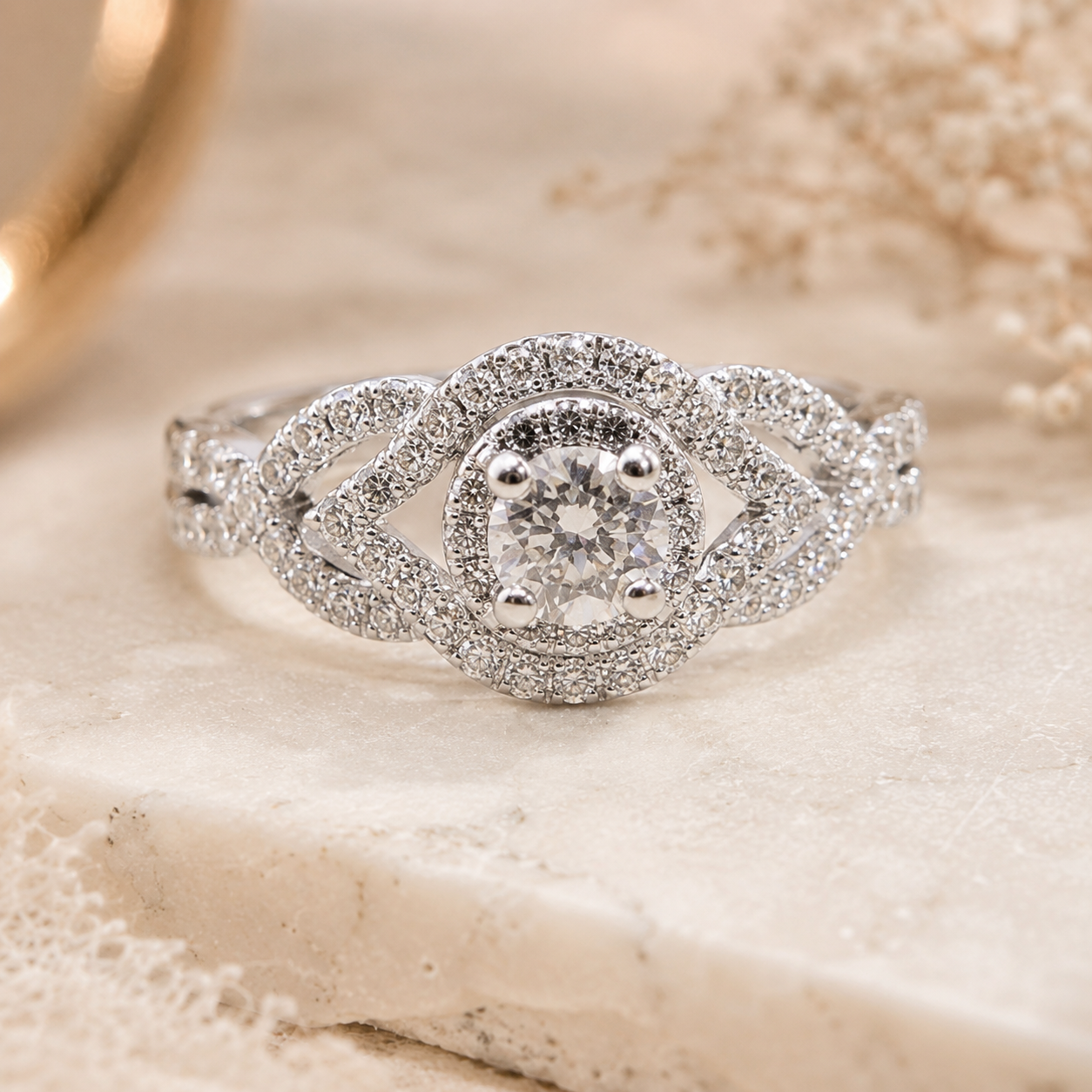 2.00 CT Round Lab-Grown Diamond Double Halo Engagement Ring in 14K White Gold – Twisted Bridal Design