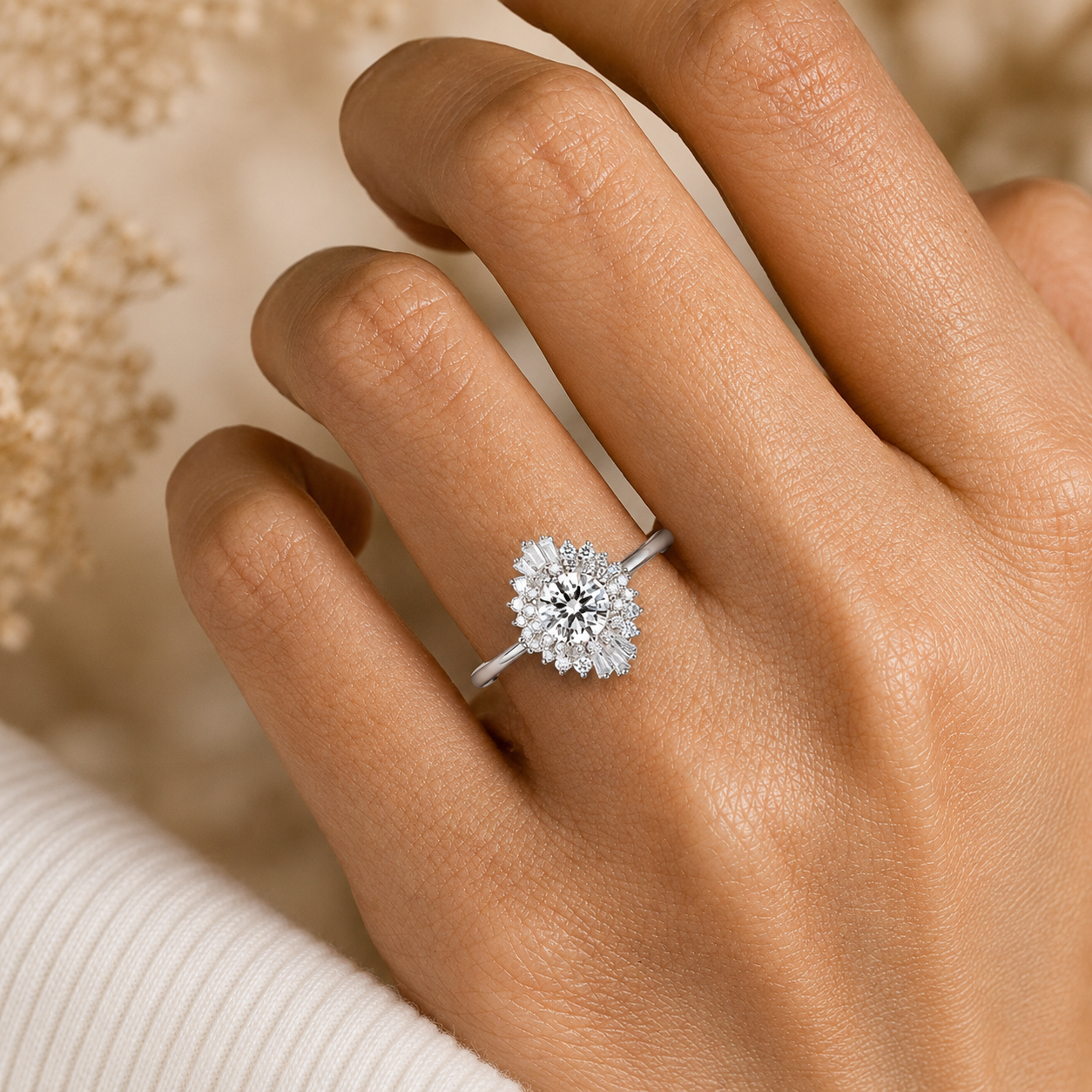 1.50 CT Vintage Round Lab-Grown Diamond Double Halo Engagement Ring in 14K White Gold – Art Deco Baguette Design