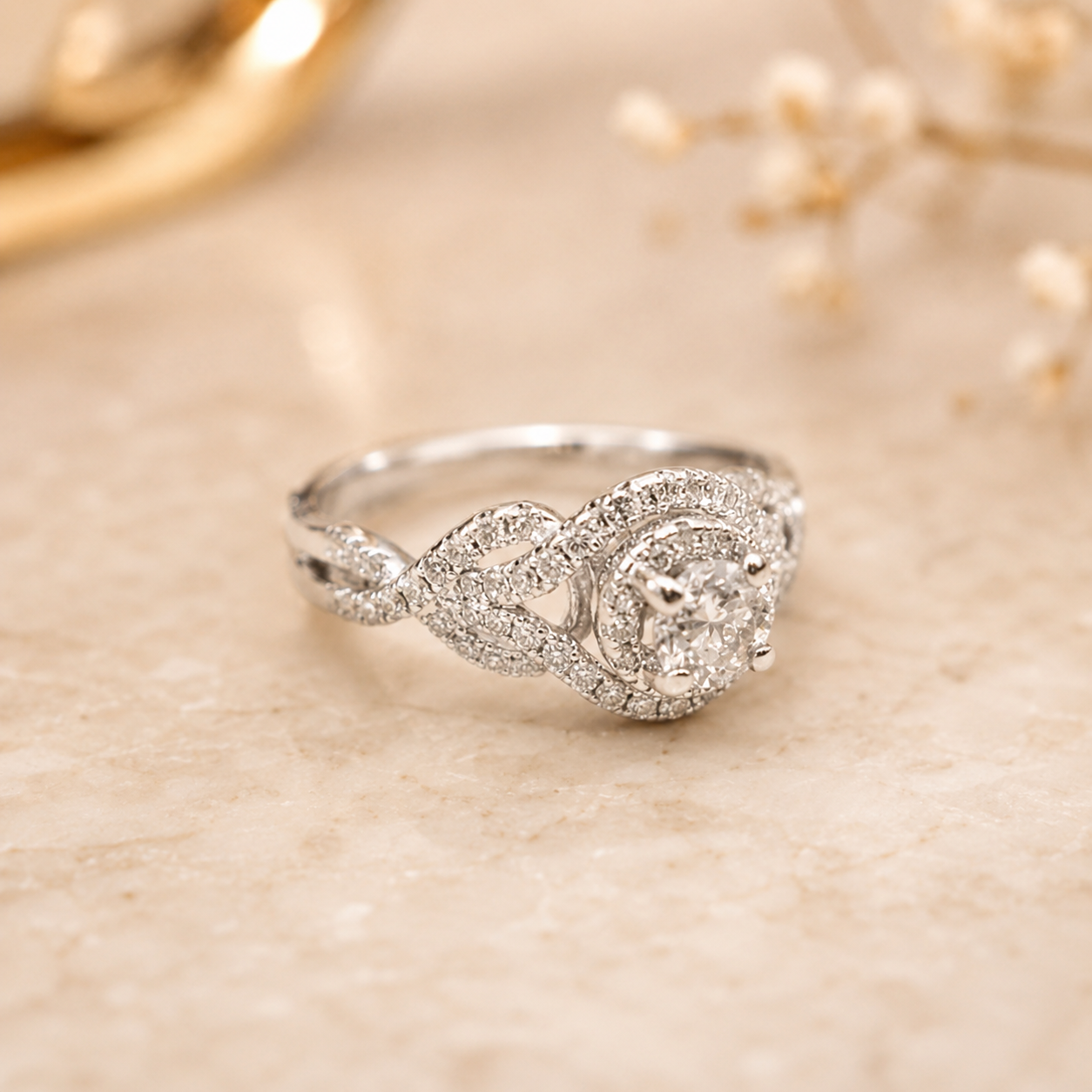 2.00 CT Round Lab-Grown Diamond Double Halo Engagement Ring in 14K White Gold – Twisted Bridal Design
