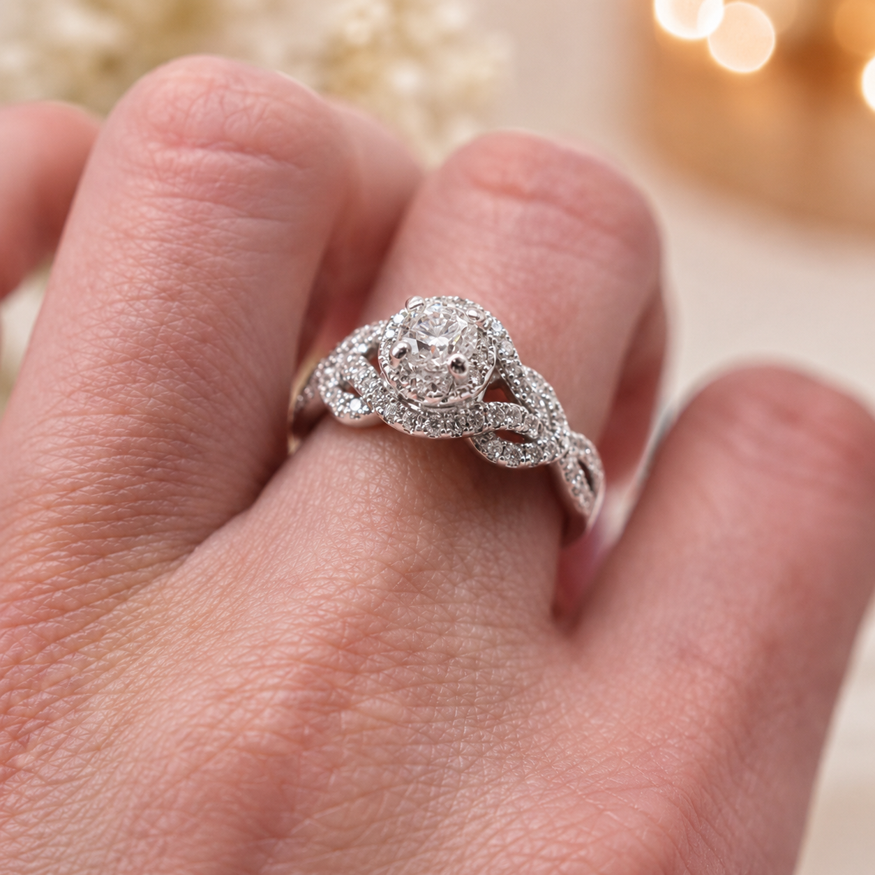 2.00 CT Round Lab-Grown Diamond Double Halo Engagement Ring in 14K White Gold – Twisted Bridal Design