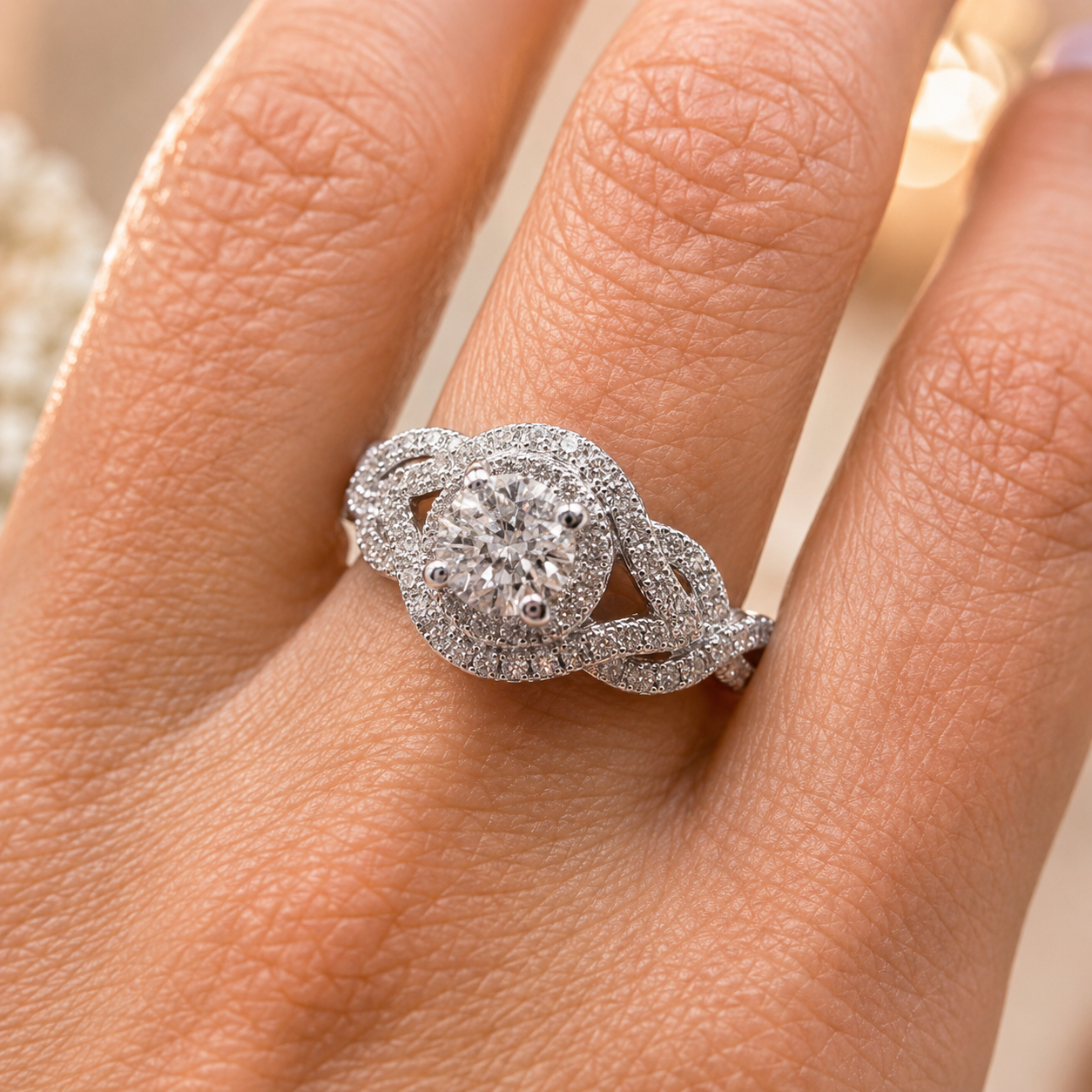 2.00 CT Round Lab-Grown Diamond Double Halo Engagement Ring in 14K White Gold – Twisted Bridal Design