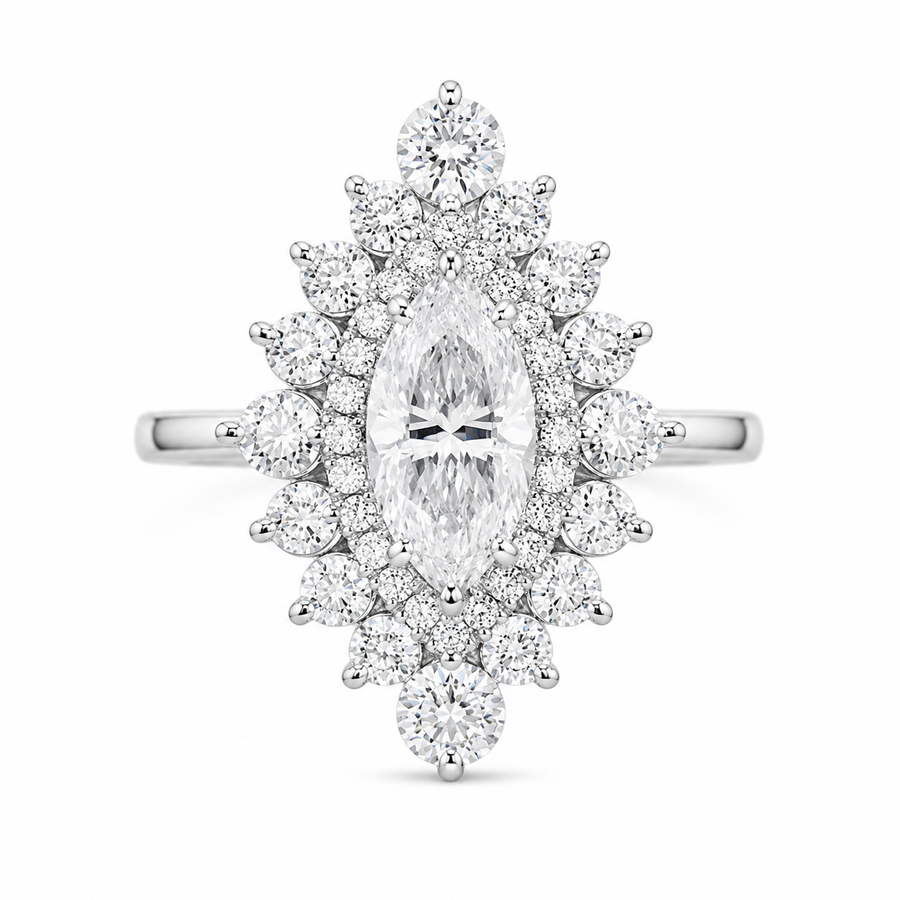 1.68 CT Marquise Cut Lab-Grown Diamond Double Halo Engagement Ring in 14K White Gold – Cathedral Shank Bridal Design