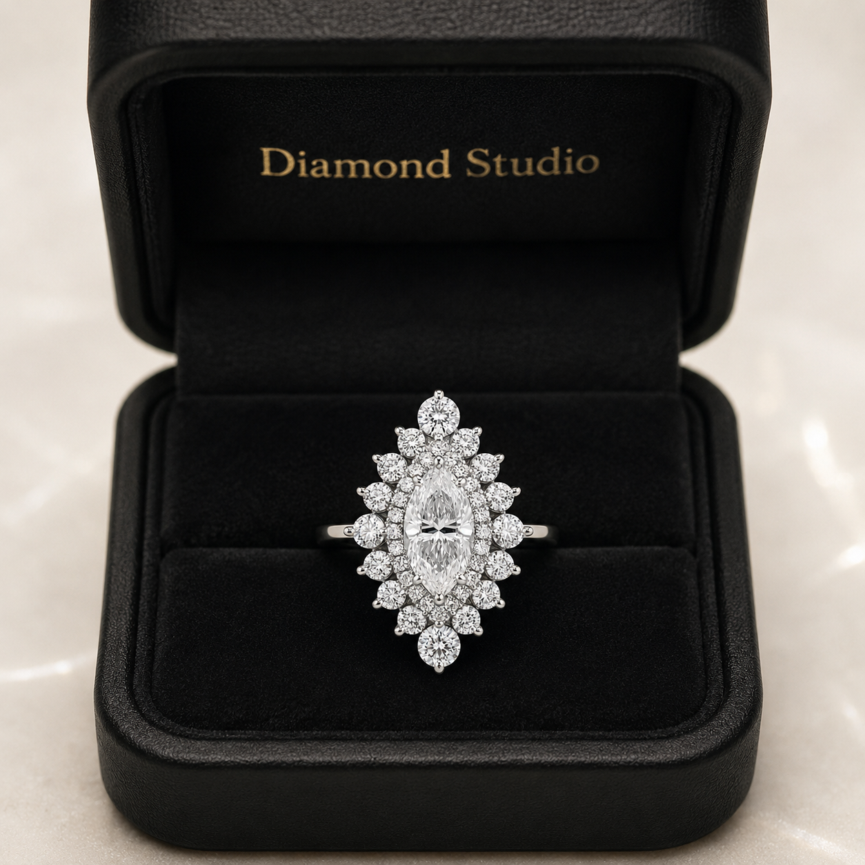 1.68 CT Marquise Cut Lab-Grown Diamond Double Halo Engagement Ring in 14K White Gold – Cathedral Shank Bridal Design