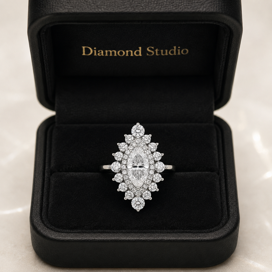 1.68 CT Marquise Cut Lab-Grown Diamond Double Halo Engagement Ring in 14K White Gold – Cathedral Shank Bridal Design