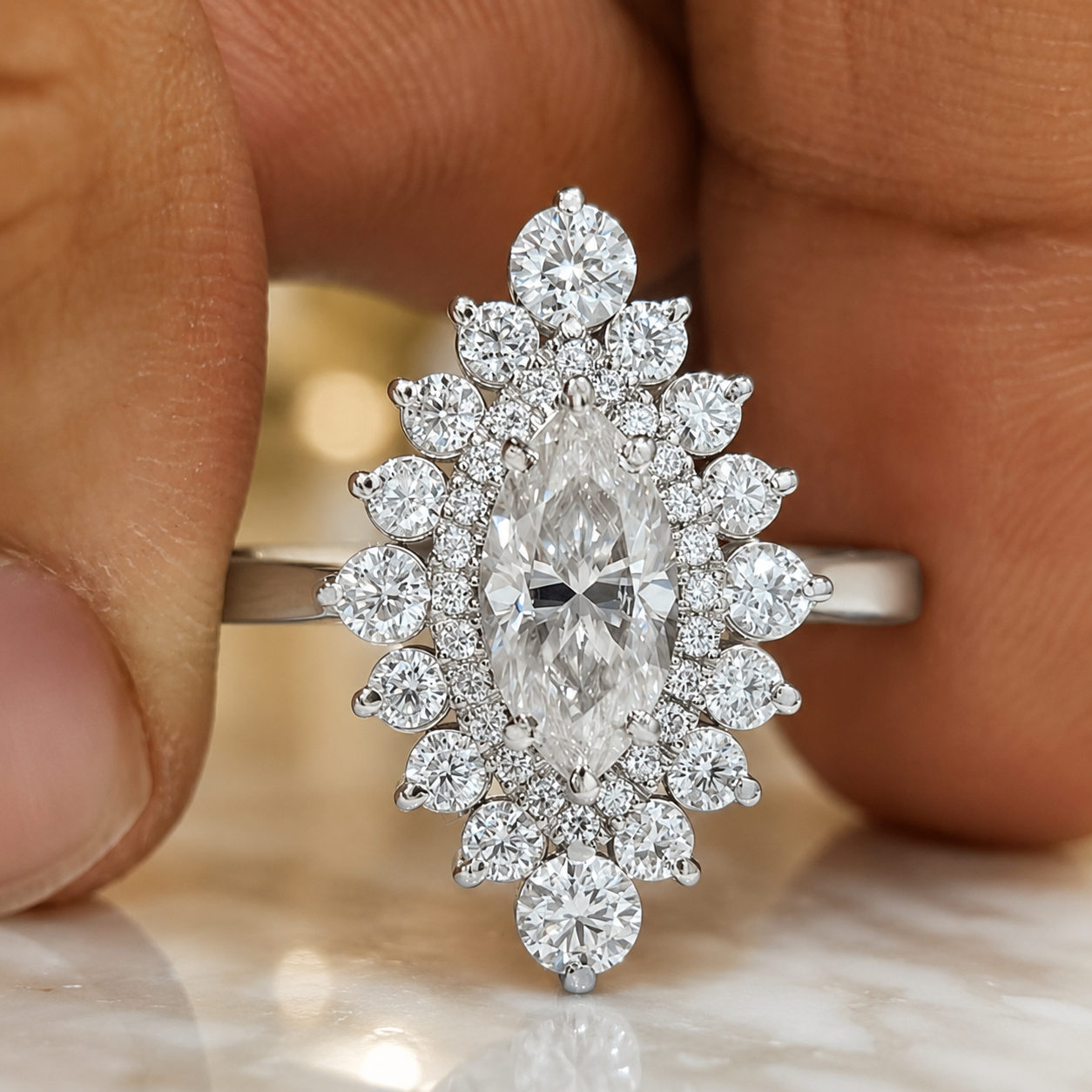 1.68 CT Marquise Cut Lab-Grown Diamond Double Halo Engagement Ring in 14K White Gold – Cathedral Shank Bridal Design