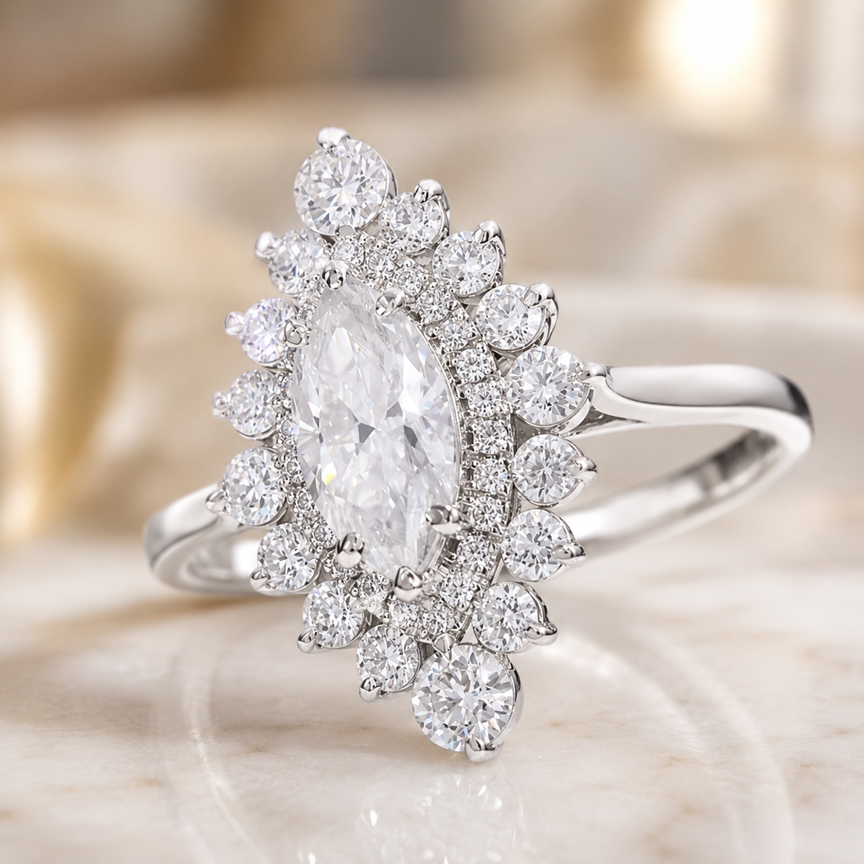 1.68 CT Marquise Cut Lab-Grown Diamond Double Halo Engagement Ring in 14K White Gold – Cathedral Shank Bridal Design
