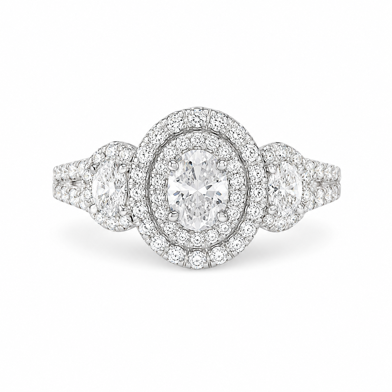 2.20 CT Oval Cut Lab-Grown Diamond Double Halo Engagement Ring in 14K White Gold – Split Shank Bridal Design
