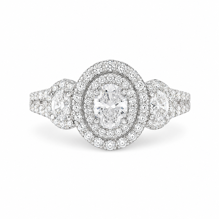 2.20 CT Oval Cut Lab-Grown Diamond Double Halo Engagement Ring in 14K White Gold â€“ Split Shank Bridal Design from Diamond Studio