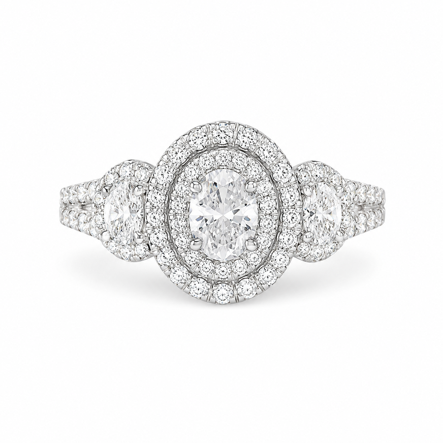 2.20 CT Oval Cut Lab-Grown Diamond Double Halo Engagement Ring in 14K White Gold – Split Shank Bridal Design