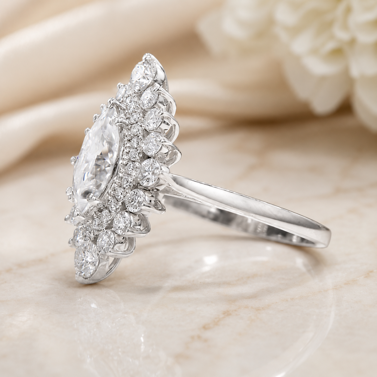 1.68 CT Marquise Cut Lab-Grown Diamond Double Halo Engagement Ring in 14K White Gold – Cathedral Shank Bridal Design