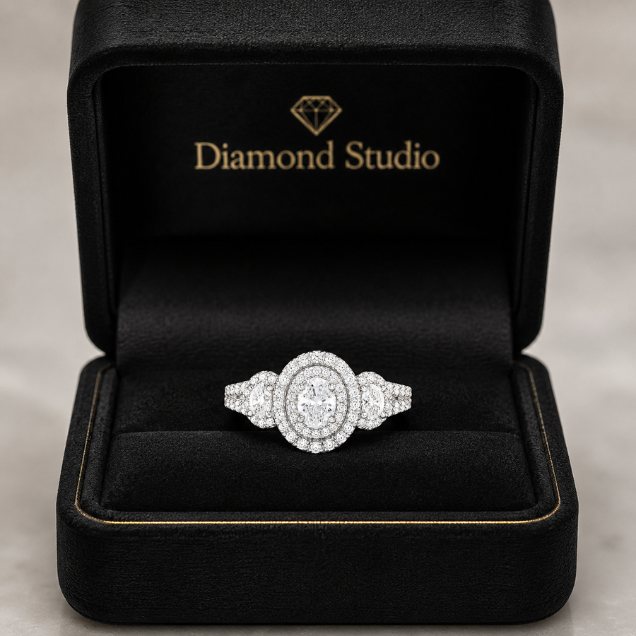 2.20 CT Oval Cut Lab-Grown Diamond Double Halo Engagement Ring in 14K White Gold – Split Shank Bridal Design