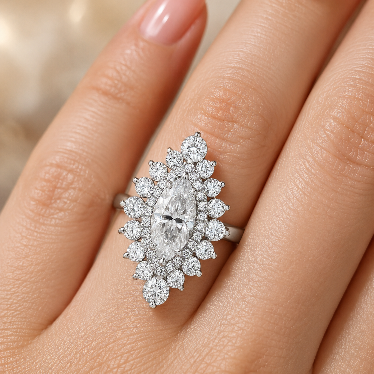 1.68 CT Marquise Cut Lab-Grown Diamond Double Halo Engagement Ring in 14K White Gold – Cathedral Shank Bridal Design