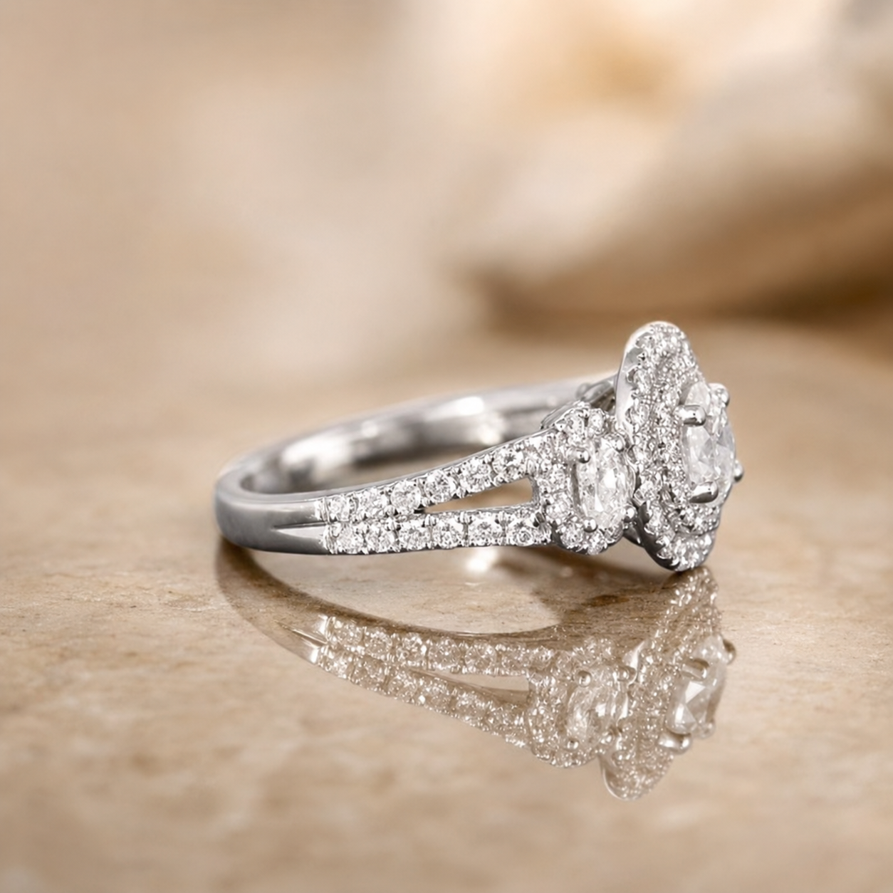 2.20 CT Oval Cut Lab-Grown Diamond Double Halo Engagement Ring in 14K White Gold – Split Shank Bridal Design