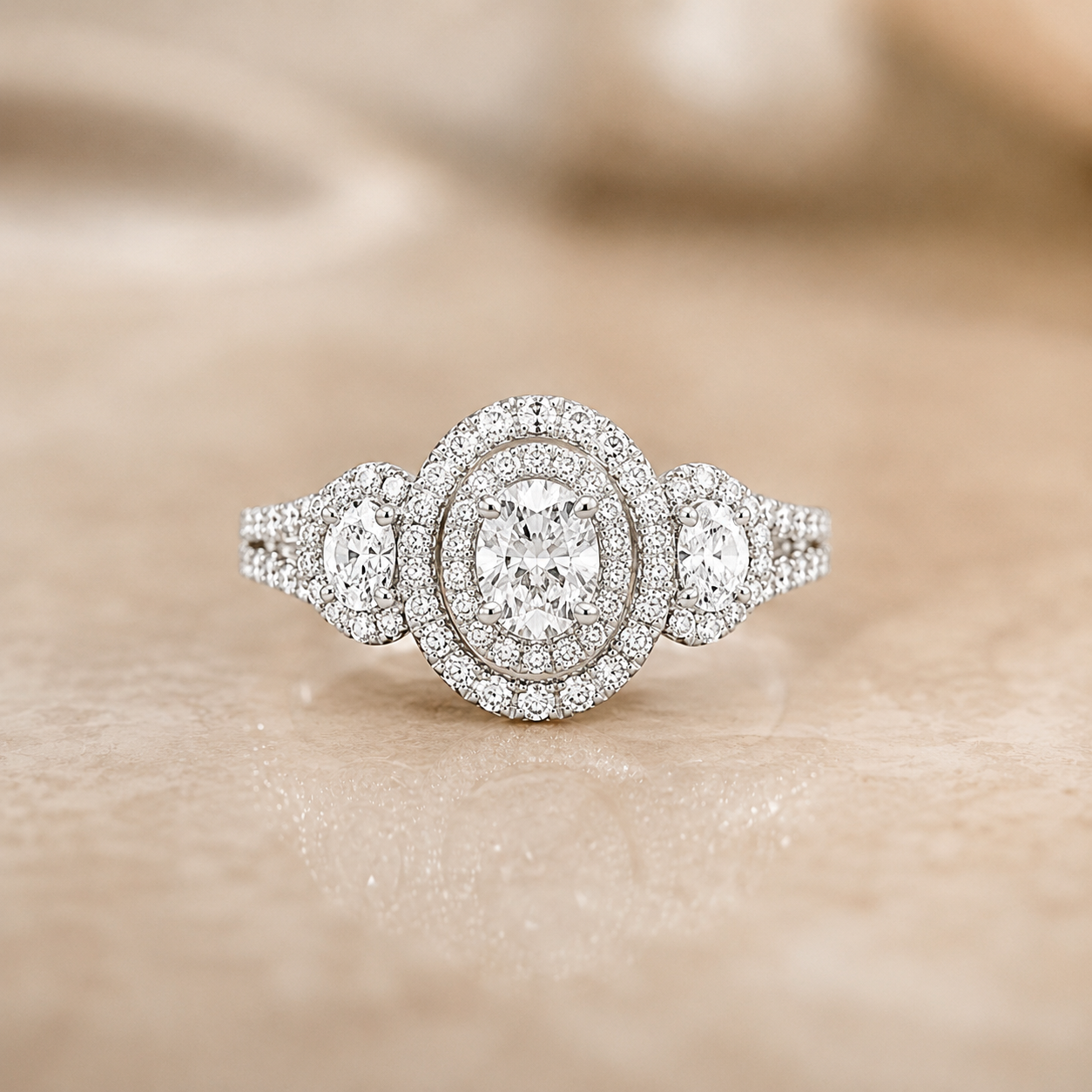 2.20 CT Oval Cut Lab-Grown Diamond Double Halo Engagement Ring in 14K White Gold – Split Shank Bridal Design