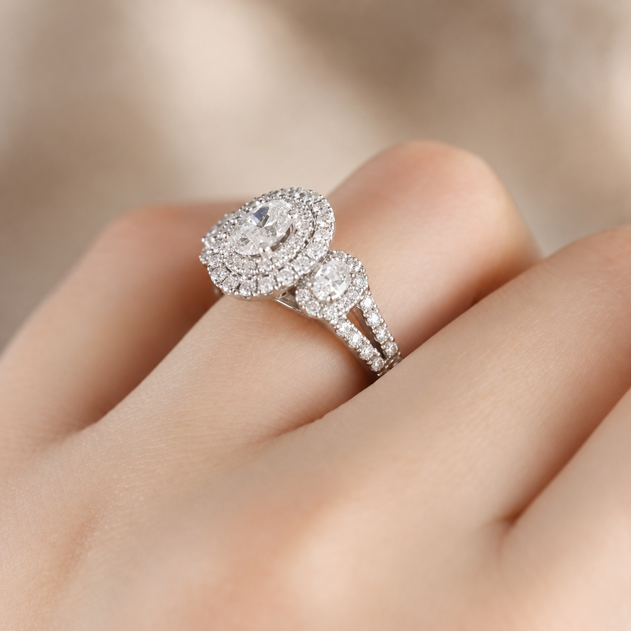2.20 CT Oval Cut Lab-Grown Diamond Double Halo Engagement Ring in 14K White Gold – Split Shank Bridal Design