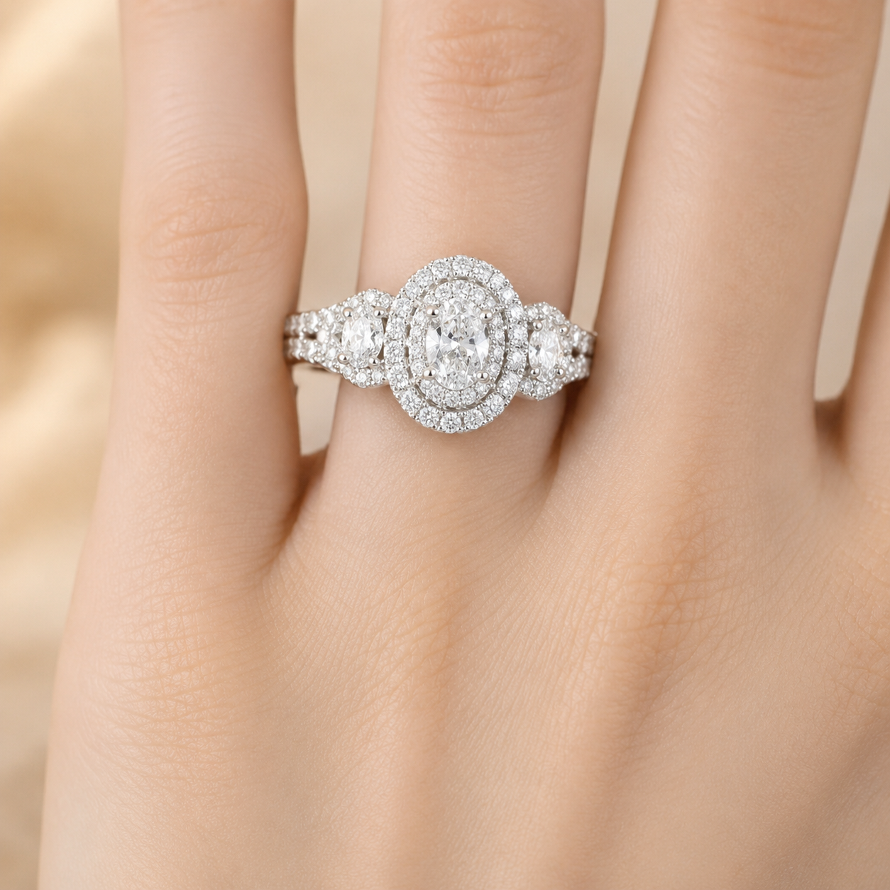 2.20 CT Oval Cut Lab-Grown Diamond Double Halo Engagement Ring in 14K White Gold – Split Shank Bridal Design