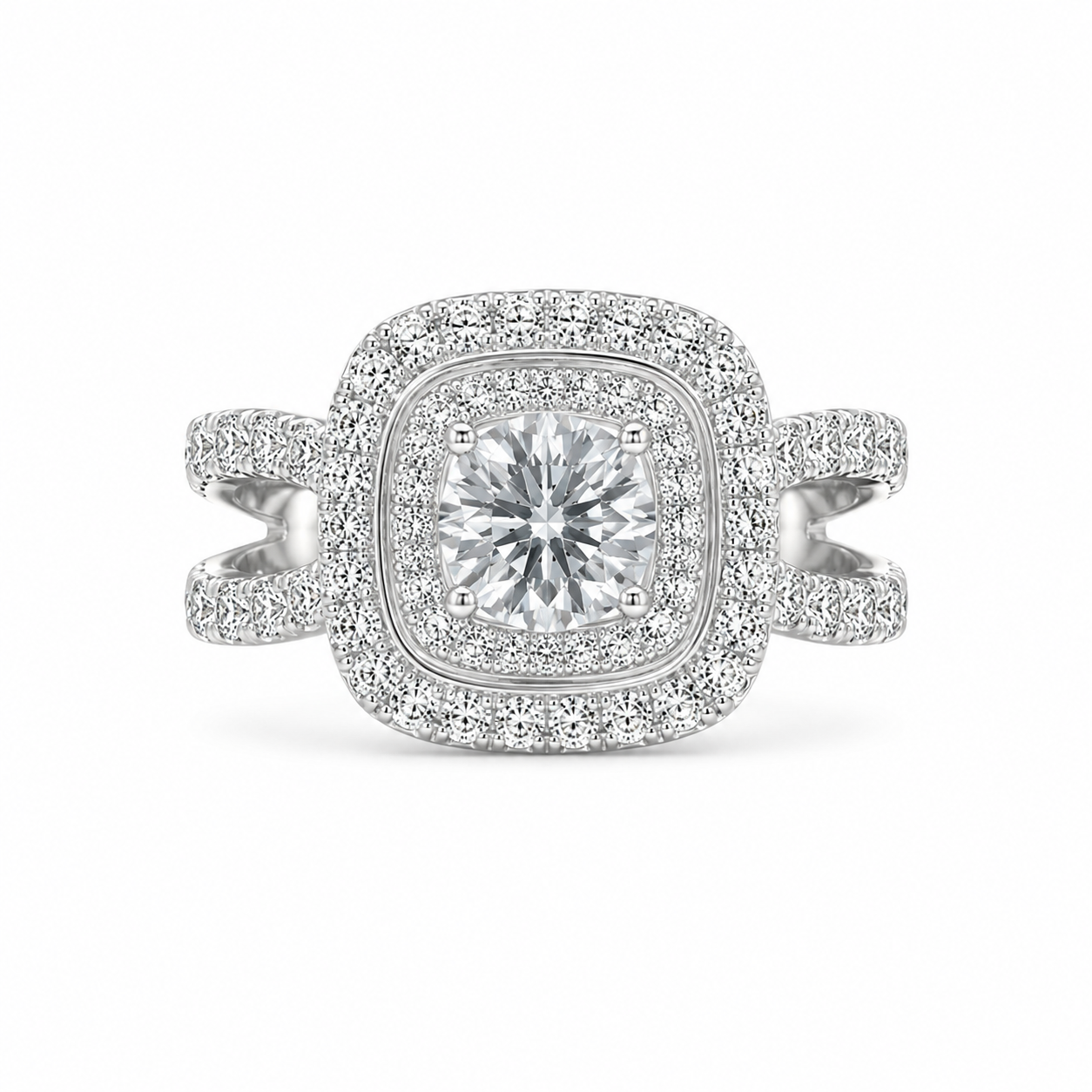 2.00 CT Round Cut Lab-Grown Diamond Double Halo Engagement Ring in 14K White Gold – Split Shank Bridal Design