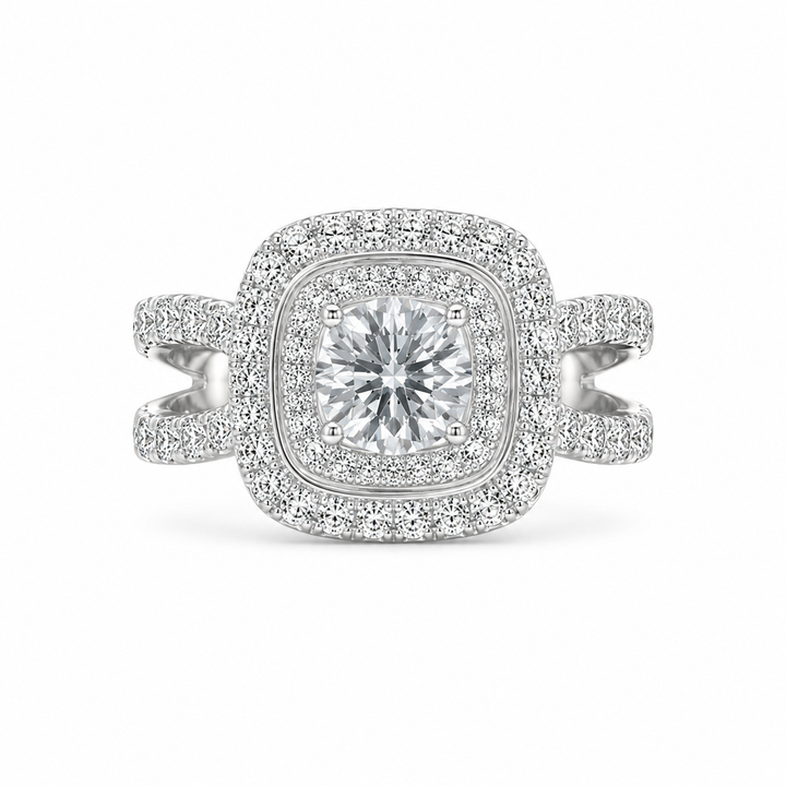 2.00 CT Round Cut Lab-Grown Diamond Double Halo Engagement Ring in 14K White Gold â€“ Split Shank Bridal Design from Diamond Studio