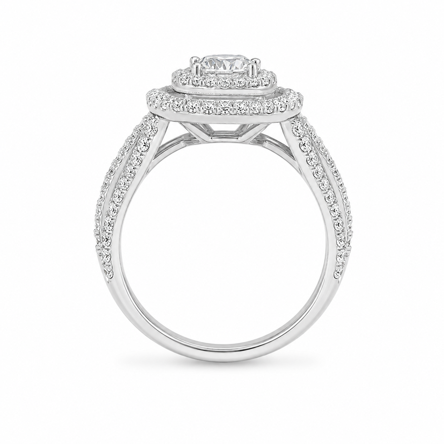 2.00 CT Round Cut Lab-Grown Diamond Double Halo Engagement Ring in 14K White Gold – Split Shank Bridal Design