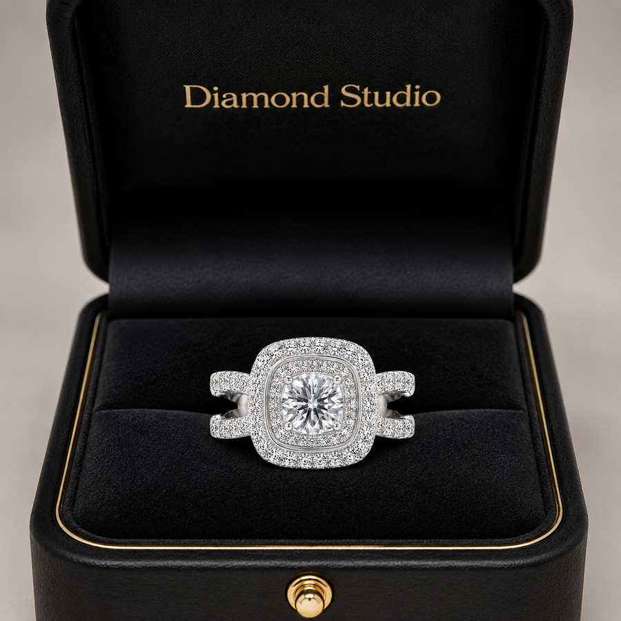 2.00 CT Round Cut Lab-Grown Diamond Double Halo Engagement Ring in 14K White Gold – Split Shank Bridal Design