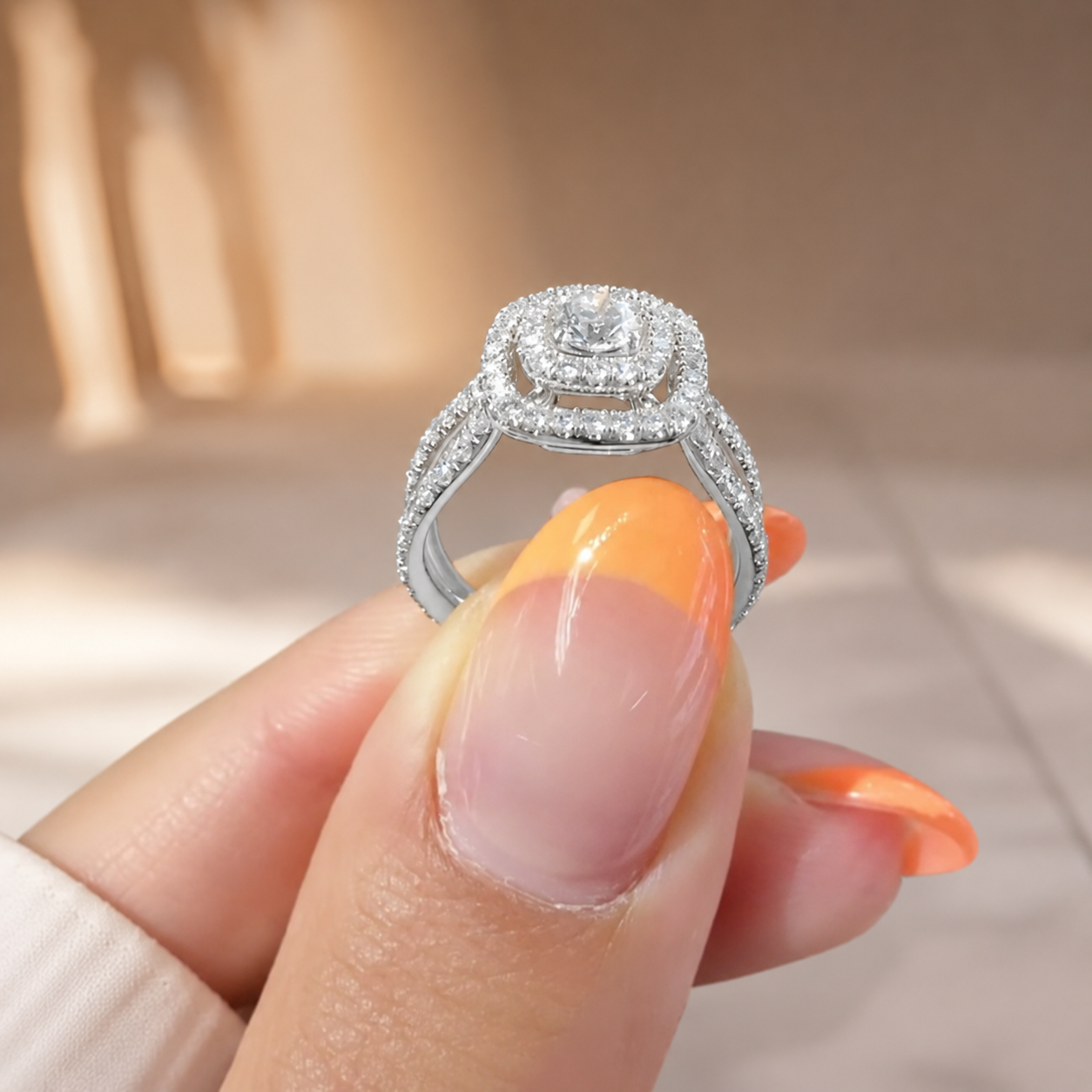 2.00 CT Round Cut Lab-Grown Diamond Double Halo Engagement Ring in 14K White Gold – Split Shank Bridal Design