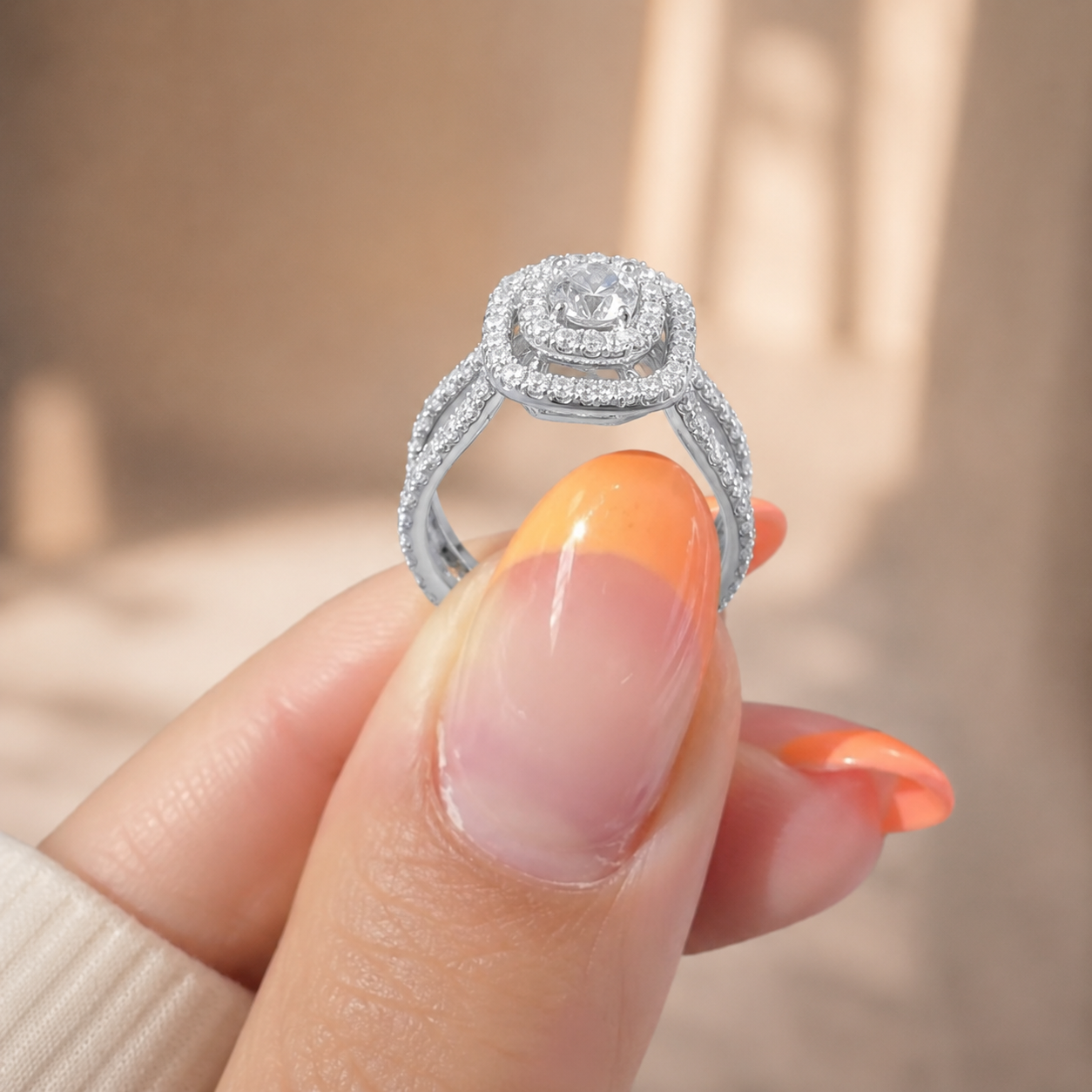 2.00 CT Round Cut Lab-Grown Diamond Double Halo Engagement Ring in 14K White Gold – Split Shank Bridal Design