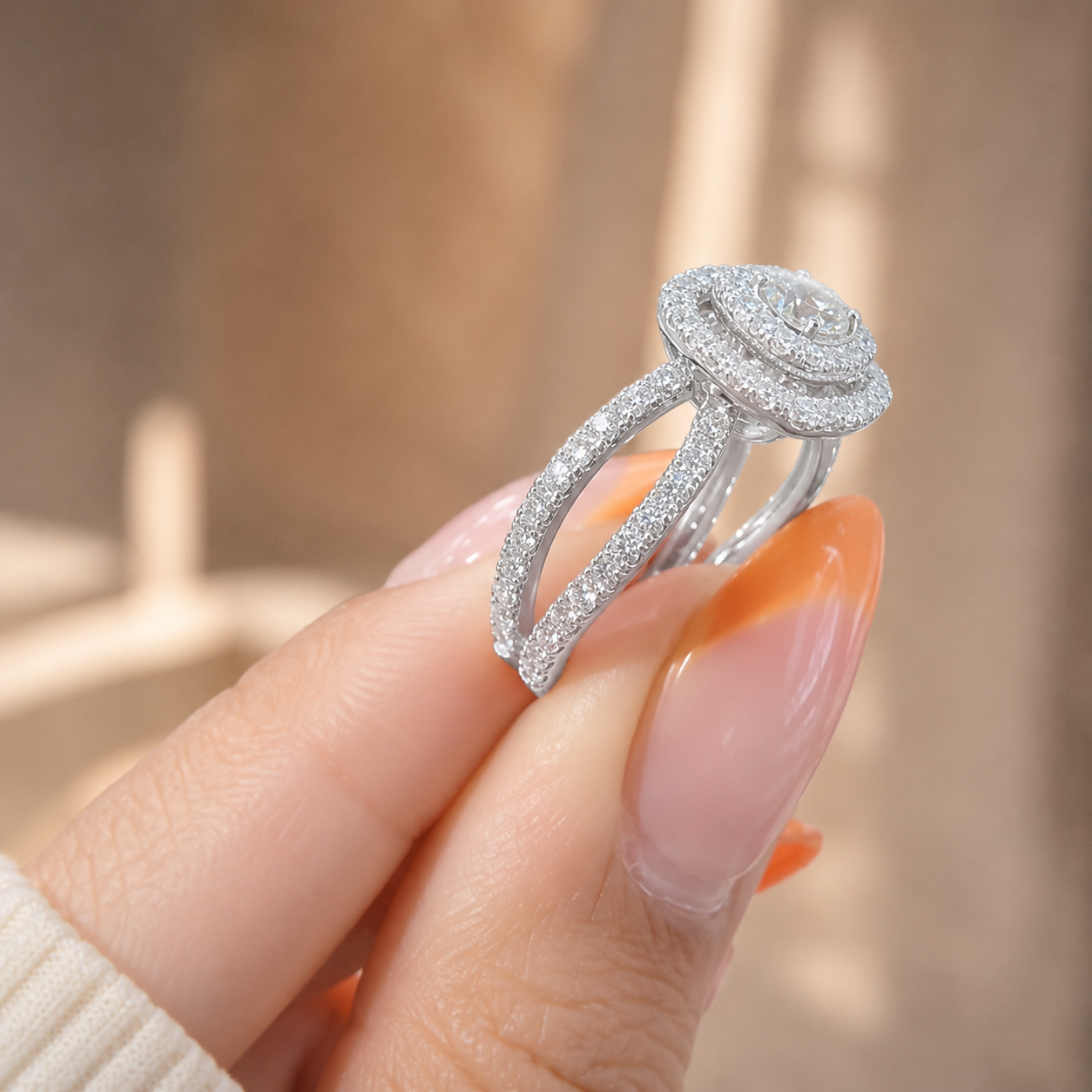 2.00 CT Round Cut Lab-Grown Diamond Double Halo Engagement Ring in 14K White Gold – Split Shank Bridal Design