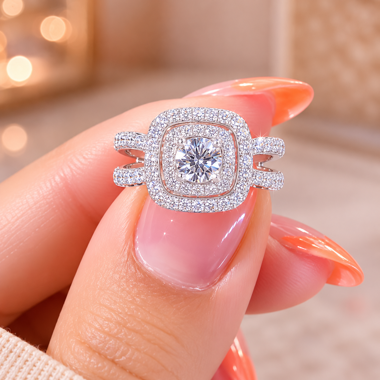 2.00 CT Round Cut Lab-Grown Diamond Double Halo Engagement Ring in 14K White Gold – Split Shank Bridal Design